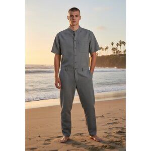 Romperjack Mens Striped Short Sleeve Romper Gray Button Front With Pockets M